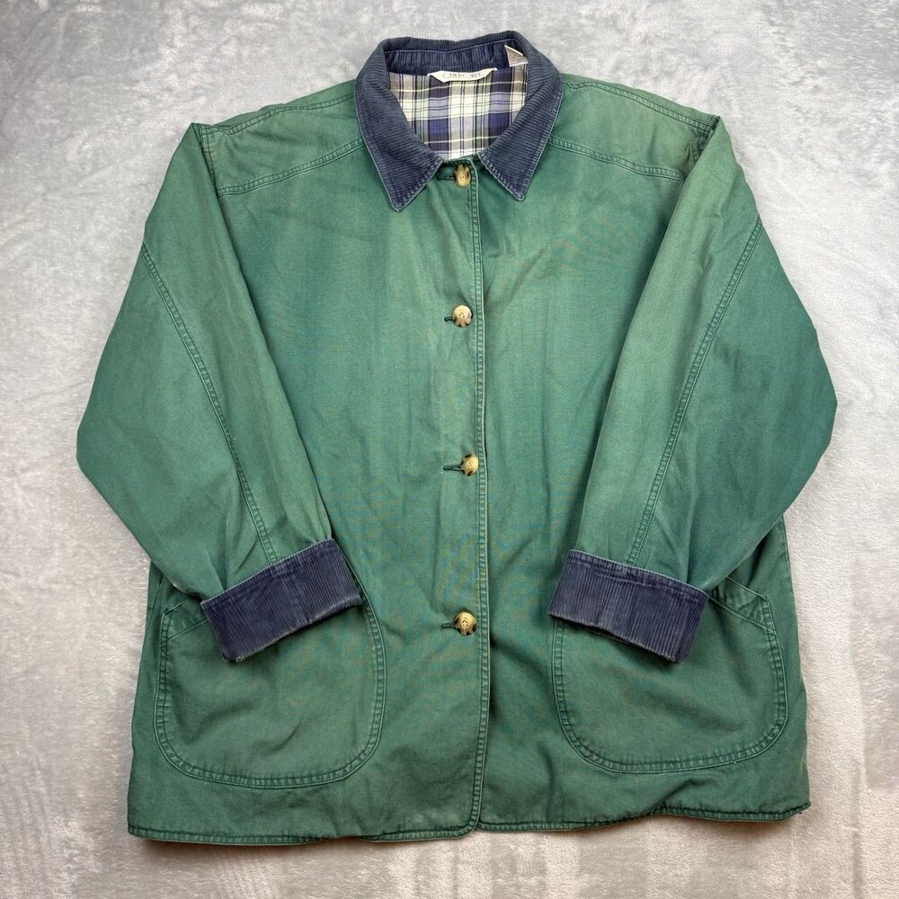 Vintage Cherokee Chore Jacket Mens XL Green Faded Plaid Lined Corduroy Collar